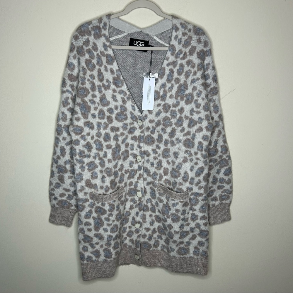 Ugg Sweater Cardigan Alpaca Wool Gray Cream Leopard Animal Print Pockets NWT